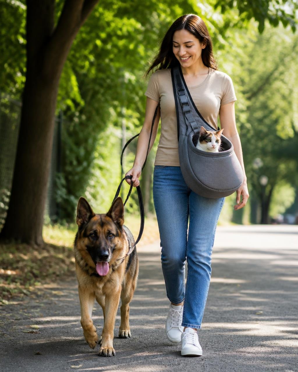 Pet parent walking her German Shepherd with her cat in a sling carrier