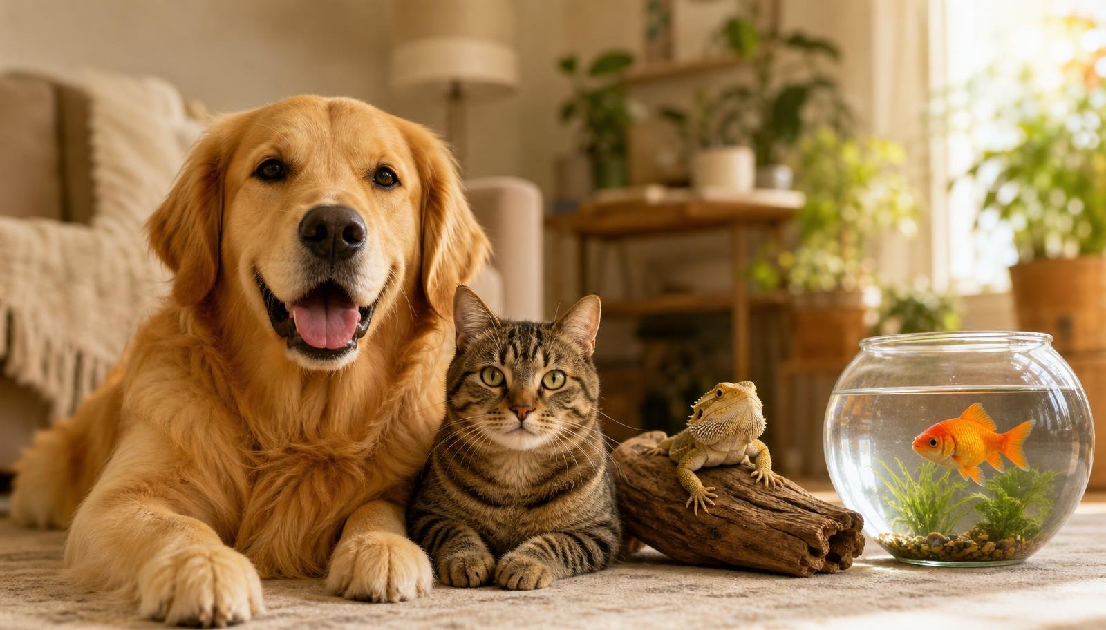 A golden puppy, tabby cat, bearded dragon and goldfish together